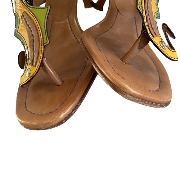 PRADA Leather Seahorse Sandals Kitten Heel Cognac Brown Green Yellow 5.5 - Picture 7 of 14